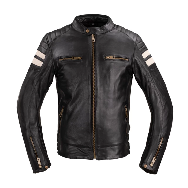 Pánská kožená moto bunda W-TEC Stripe - 2.jakost - černá s béžovými pruhy - černá s béžovými pruhy