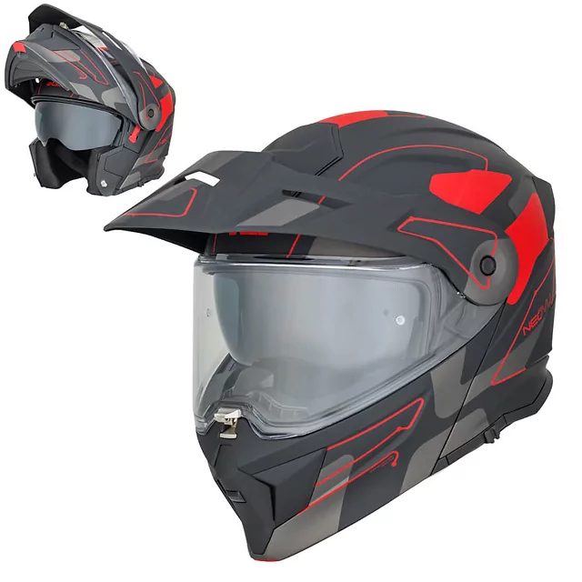 Výklopná moto přilba 3v1 W-TEC Neovu Graphic - 2.jakost - šedo-červeno-modrá