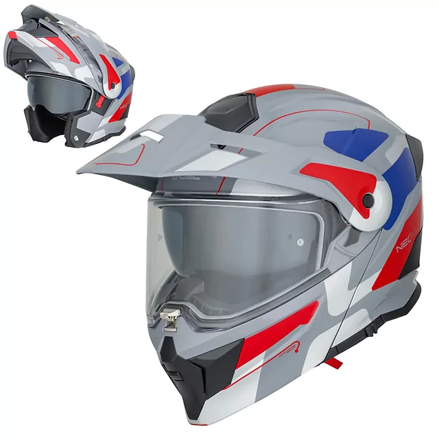 Výklopná moto přilba 3v1 W-TEC Neovu Graphic - 2.jakost - šedo-červeno-modrá - šedo-červeno-modrá