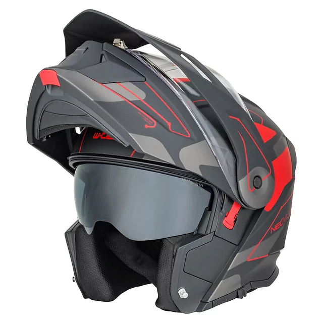 Výklopná moto přilba 3v1 W-TEC Neovu Graphic - 2.jakost - šedo-červeno-modrá