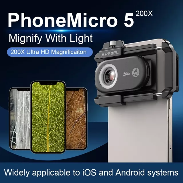 Mikroskop objektiv pro smartphone 200x Apexel s LED a UV světlem