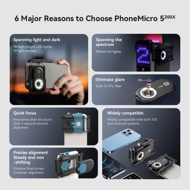 Mikroskop objektiv pro smartphone 200x Apexel s LED a UV světlem