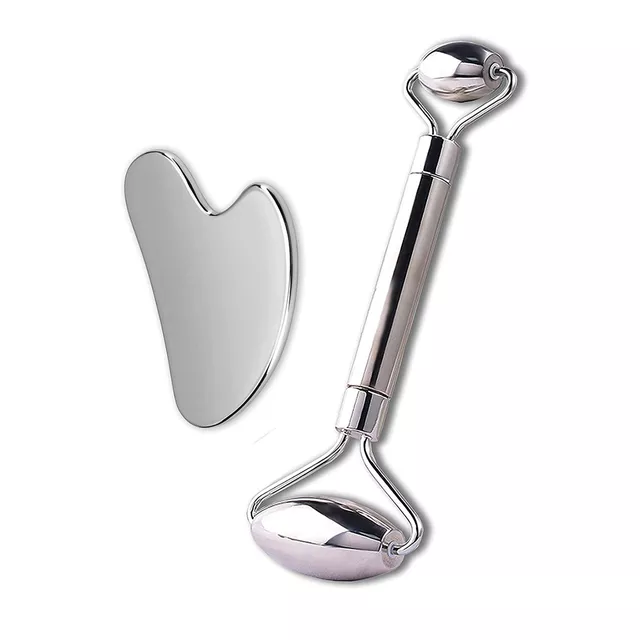 Masážní kovový set Face roller a Gua Sha inSPORTline Comesta Set