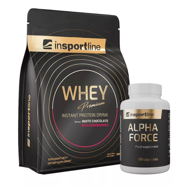 SADA: Protein inSPORTline WHEY Premium 700g + Stimulant inSPORTline AlphaForce, 90 kapslí - bílá čokoláda s arašídy