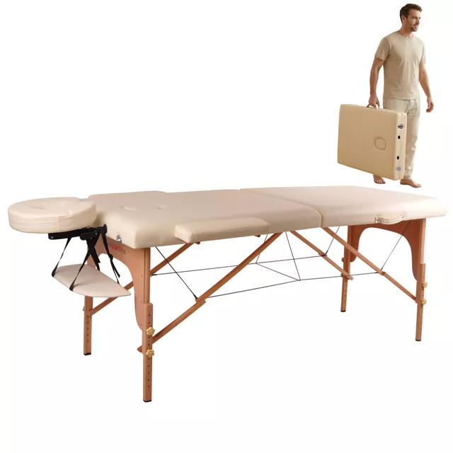 Masážní lehátko inSPORTline Taisage 186x70x62-84 cm 2-dílné dřevěné - krémově žlutá