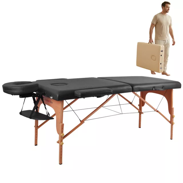 Masážní lehátko inSPORTline Taisage 186x70x62-84 cm 2-dílné dřevěné - černá